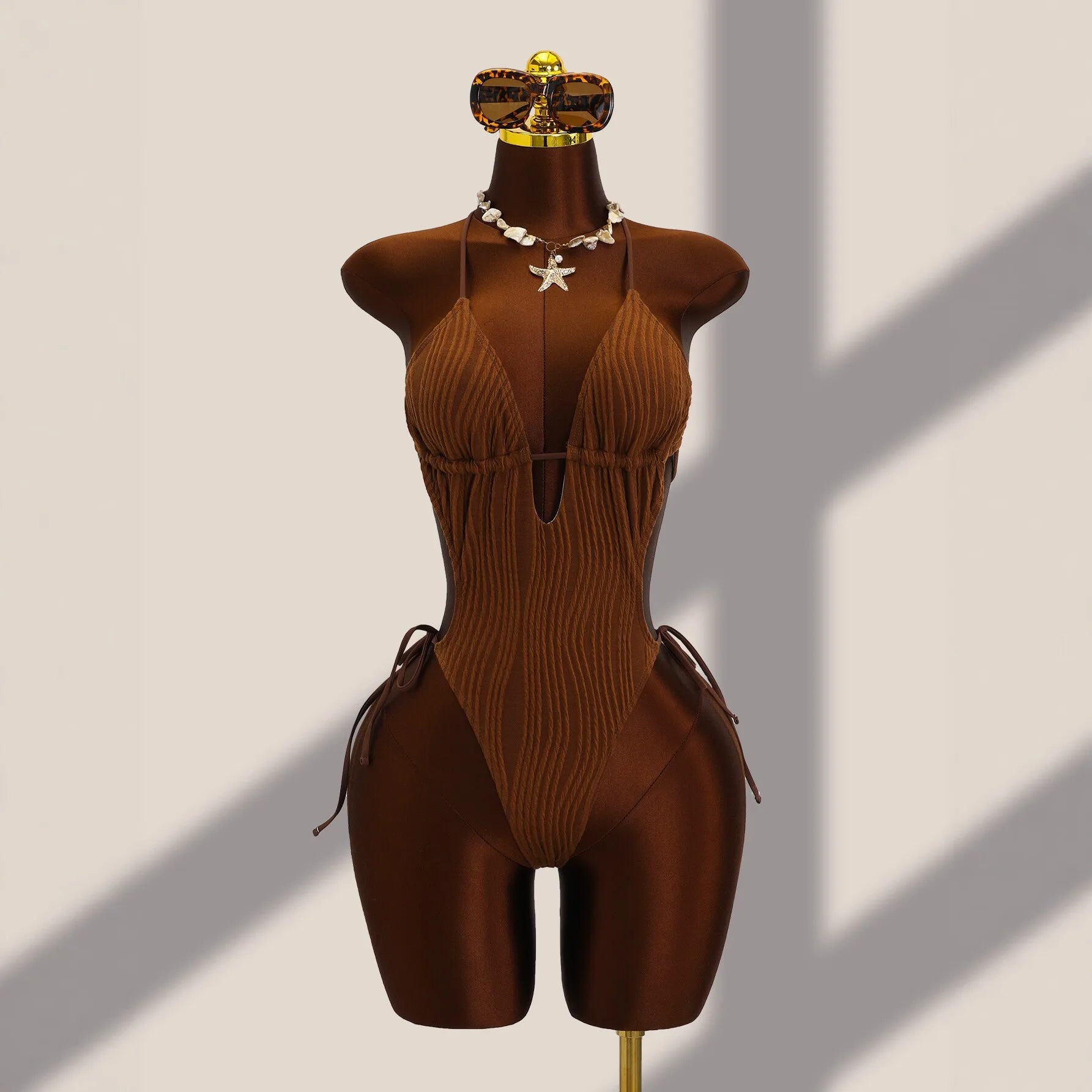 Textured Ribbed One Piece Suits Swimsuit Knit Fabric Halter Tie Strap Deep V Front Cutout High Cut Leg Slimming Monokini