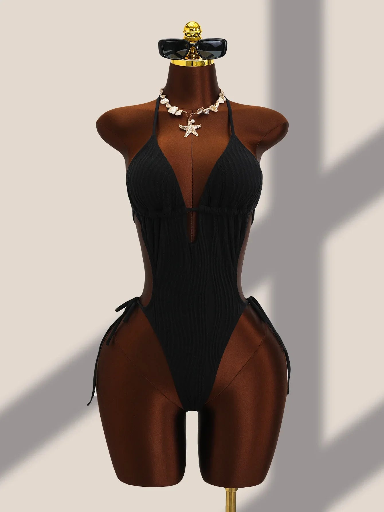 Textured Ribbed One Piece Suits Swimsuit Knit Fabric Halter Tie Strap Deep V Front Cutout High Cut Leg Slimming Monokini
