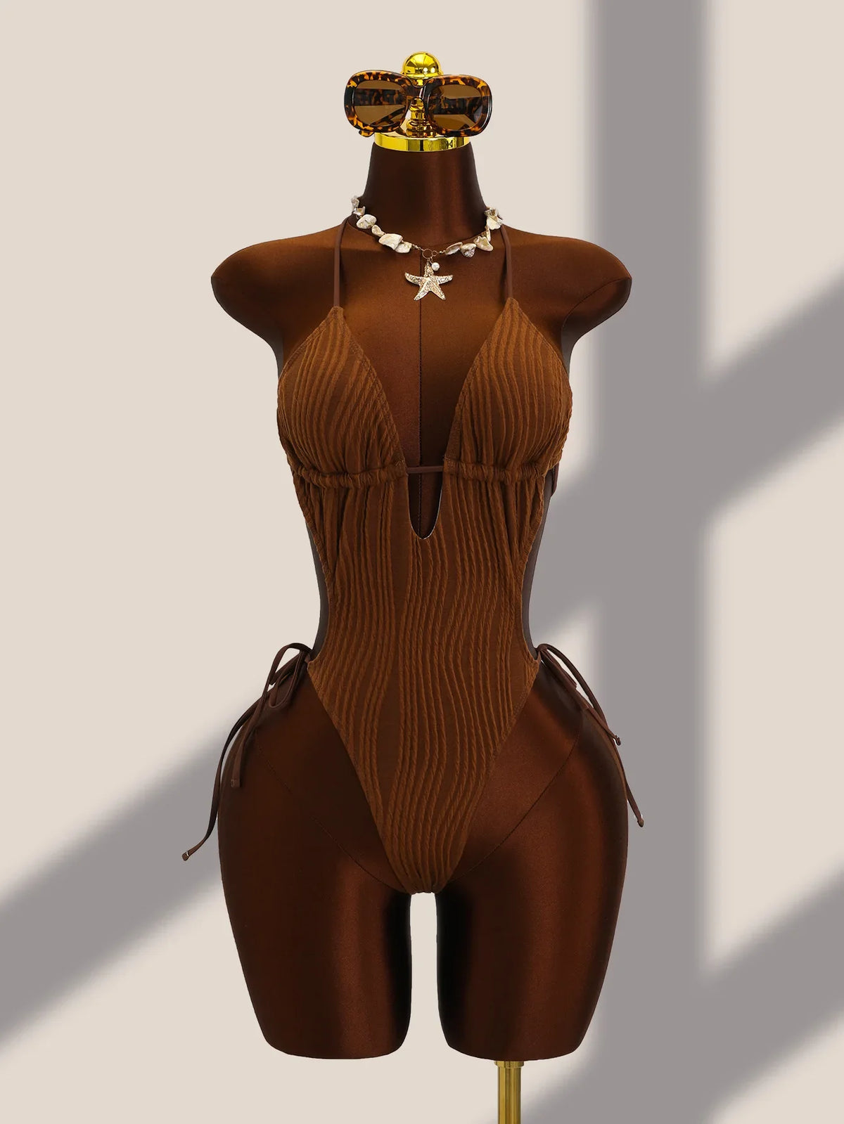 Textured Ribbed One Piece Suits Swimsuit Knit Fabric Halter Tie Strap Deep V Front Cutout High Cut Leg Slimming Monokini