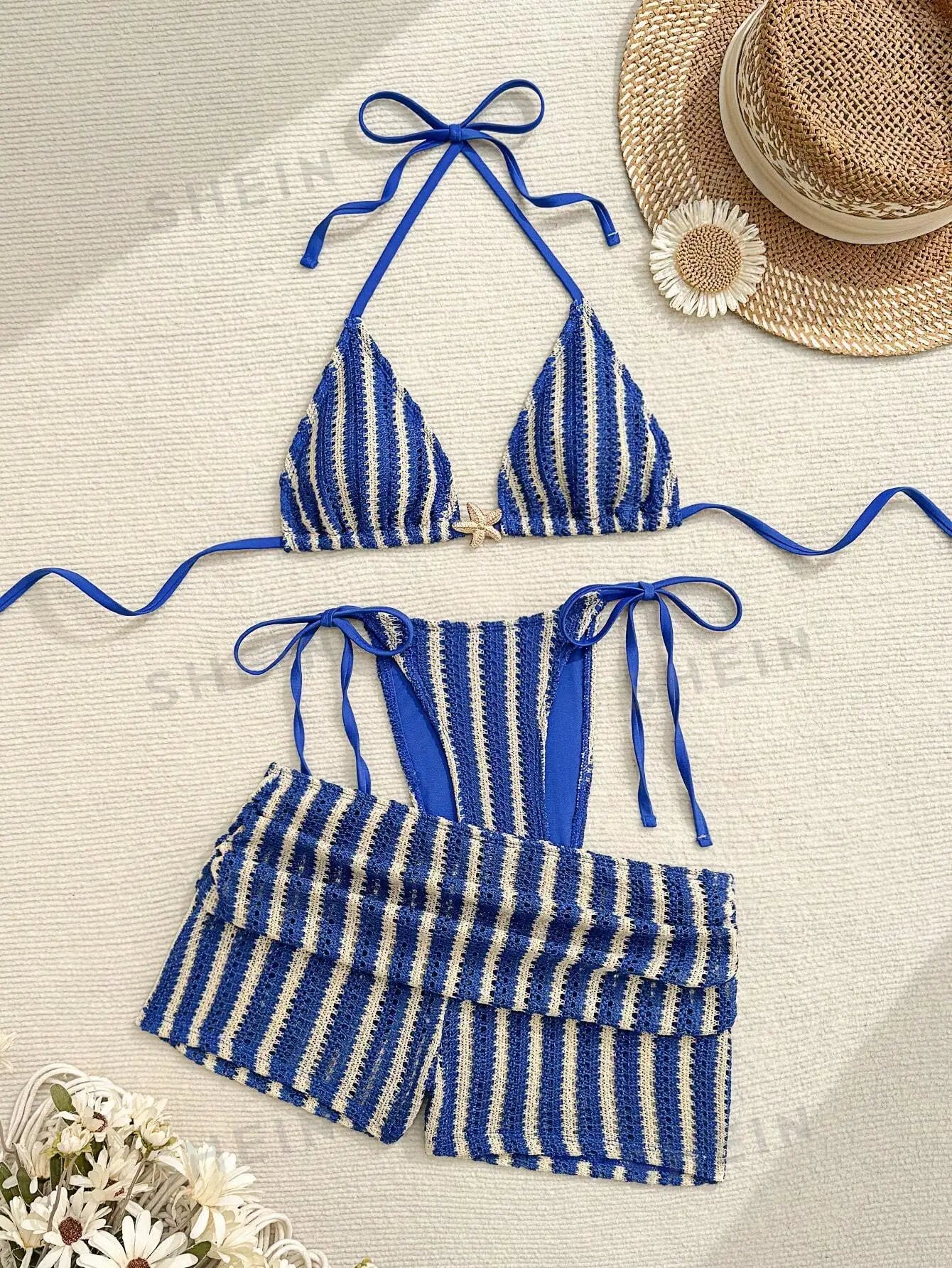 Textured Stripe 3 Piece Bathing Suit Knit Halter Bikini Starfish Hardware Side Tie Matching Short Cover Up Pool Swimwear