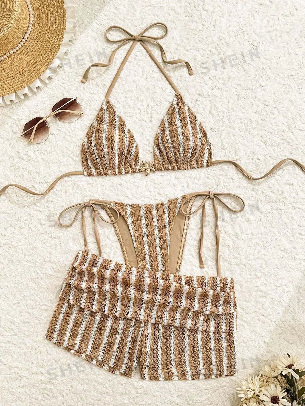 Textured Stripe 3 Piece Bathing Suit Knit Halter Bikini Starfish Hardware Side Tie Matching Short Cover Up Pool Swimwear