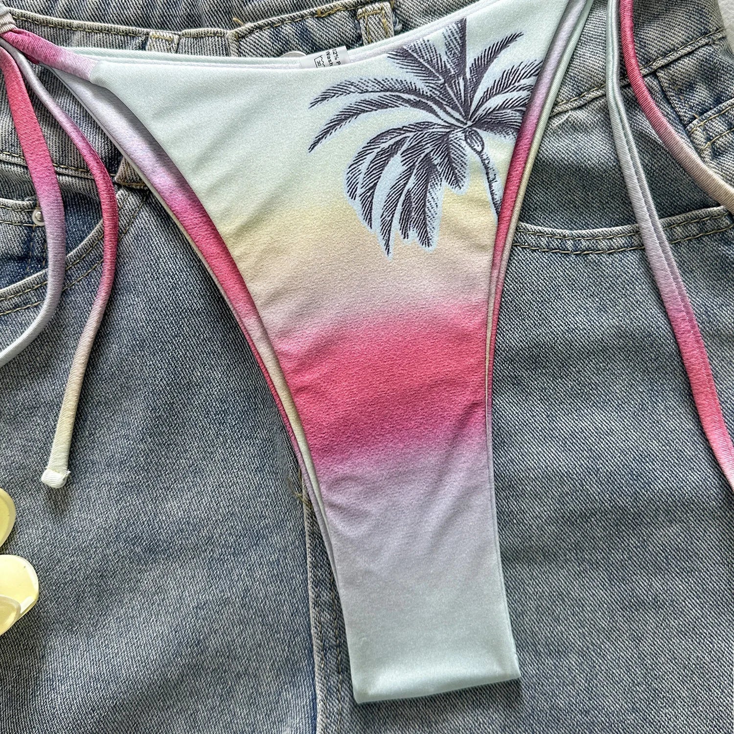Thong Bikinis Ombre Gradient Palm Tree Print Bandeau Bikini Set