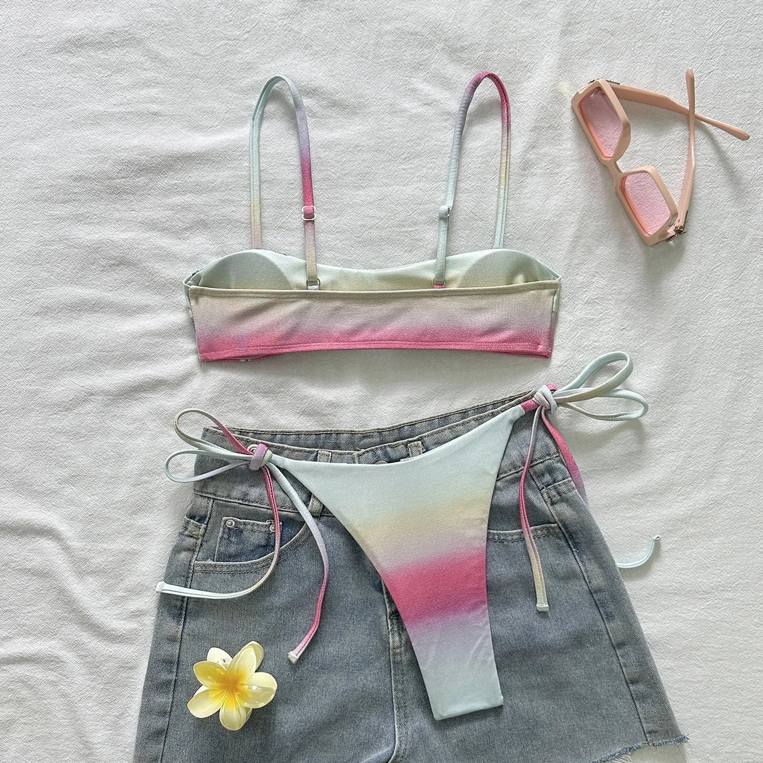 Thong Bikinis Ombre Gradient Palm Tree Print Bandeau Bikini Set
