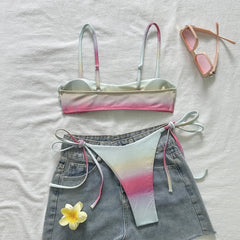Thong Bikinis Ombre Gradient Palm Tree Print Bandeau Bikini Set