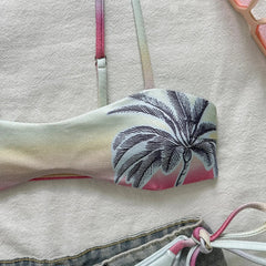Thong Bikinis Ombre Gradient Palm Tree Print Bandeau Bikini Set