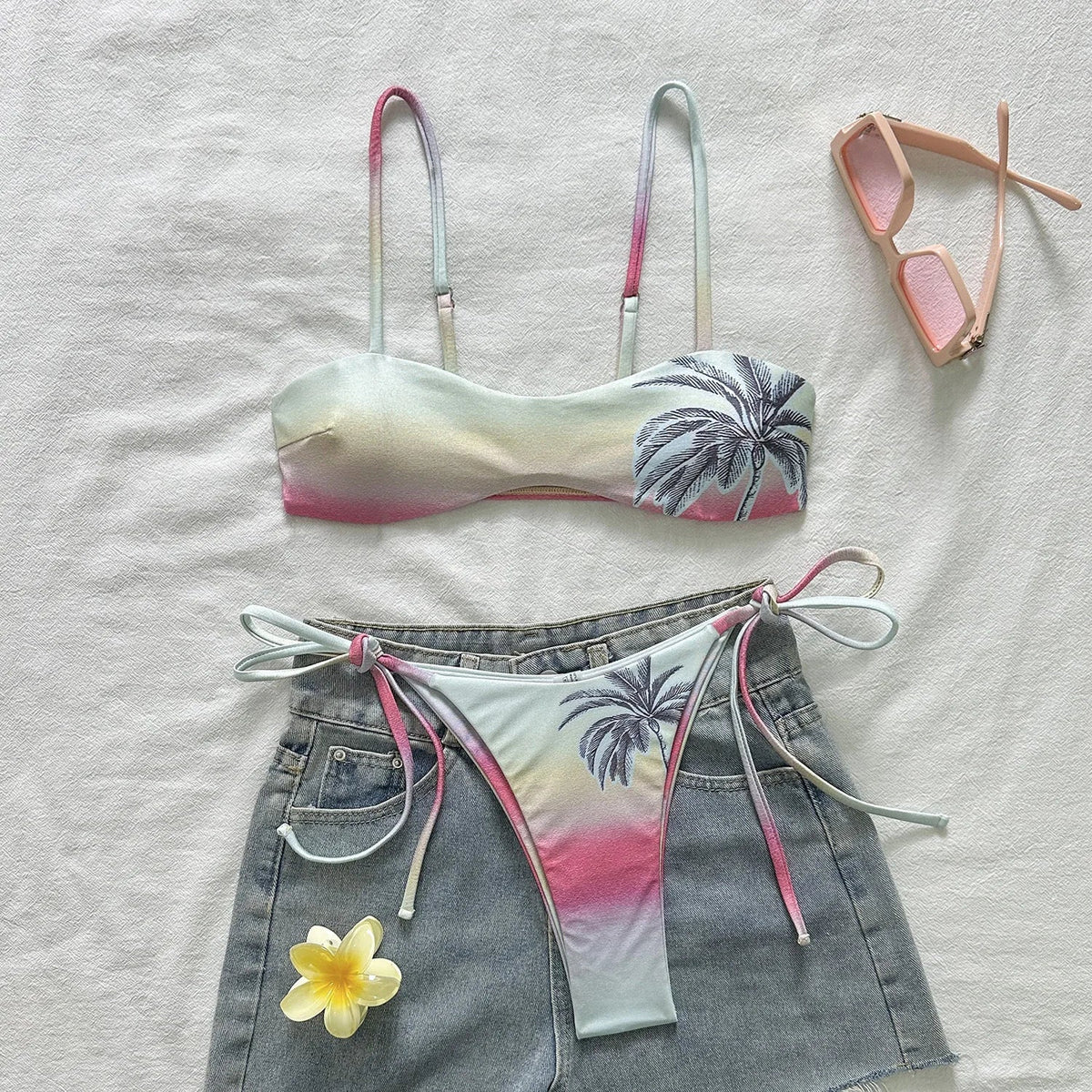 Thong Bikinis Ombre Gradient Palm Tree Print Bandeau Bikini Set