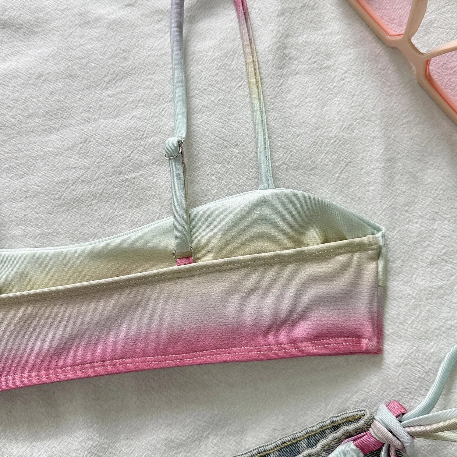 Thong Bikinis Ombre Gradient Palm Tree Print Bandeau Bikini Set