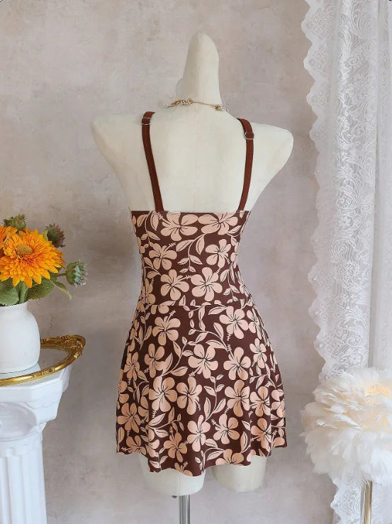Tropical Print One-Piece Suits Skirted Bathing Suit Flower Deep V Neck Side Shirring Waist Flared Hem Swimwear