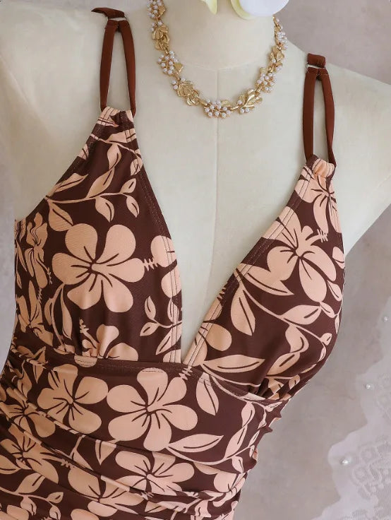 Tropical Print One-Piece Suits Skirted Bathing Suit Flower Deep V Neck Side Shirring Waist Flared Hem Swimwear
