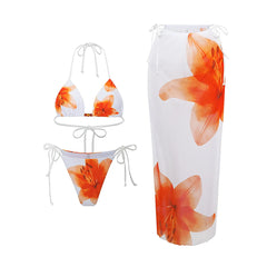 Tropical Three Piece Bathing Suit Halter Bikini Top Bead Tie Side Sheer Mesh Drawstring Long Wrap Skirt Vacation Swimwear