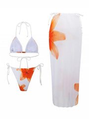 Tropical Three Piece Bathing Suit Halter Bikini Top Bead Tie Side Sheer Mesh Drawstring Long Wrap Skirt Vacation Swimwear