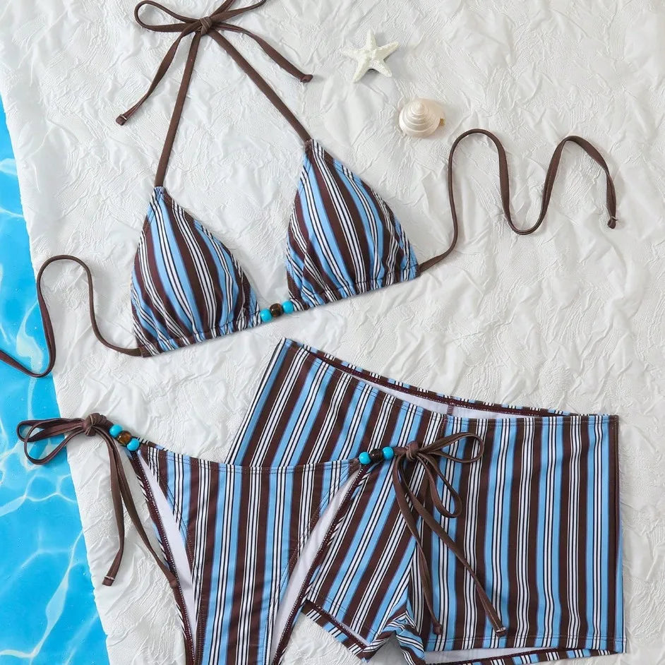 Vertical Stripe 3 Piece Bikini Set