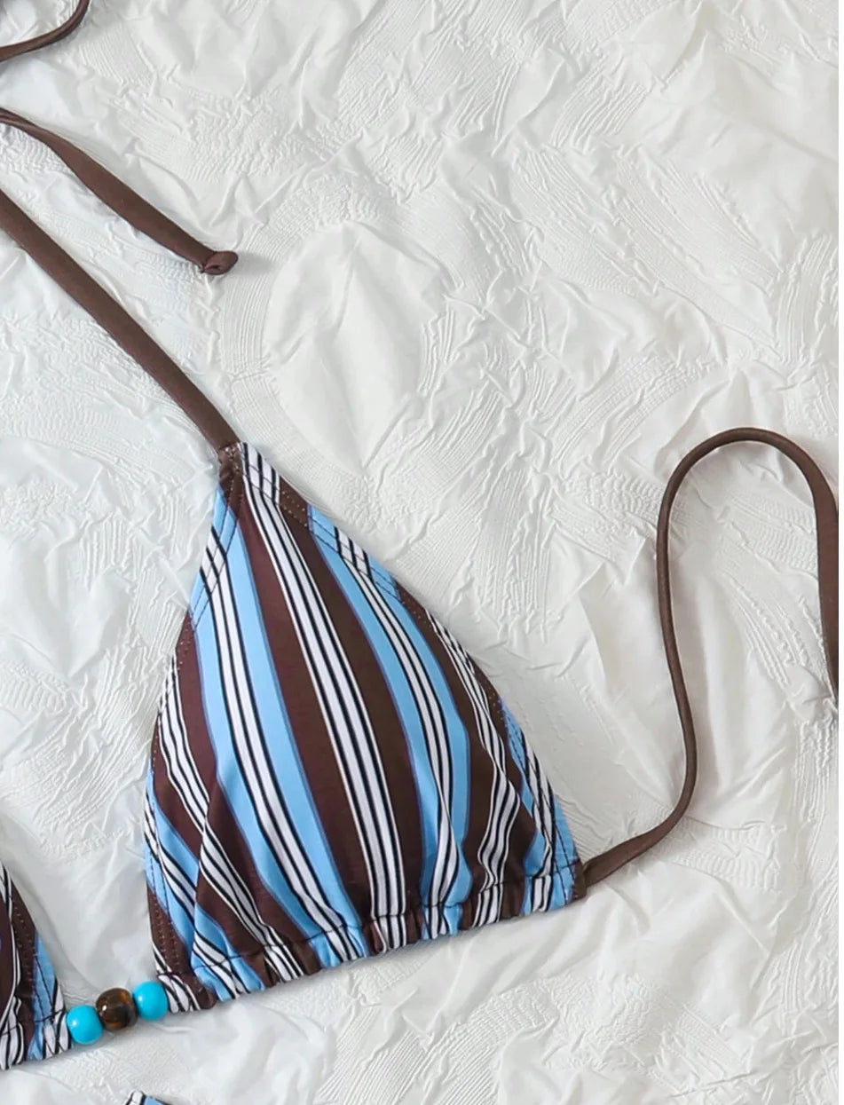 Vertical Stripe 3 Piece Bikini Set