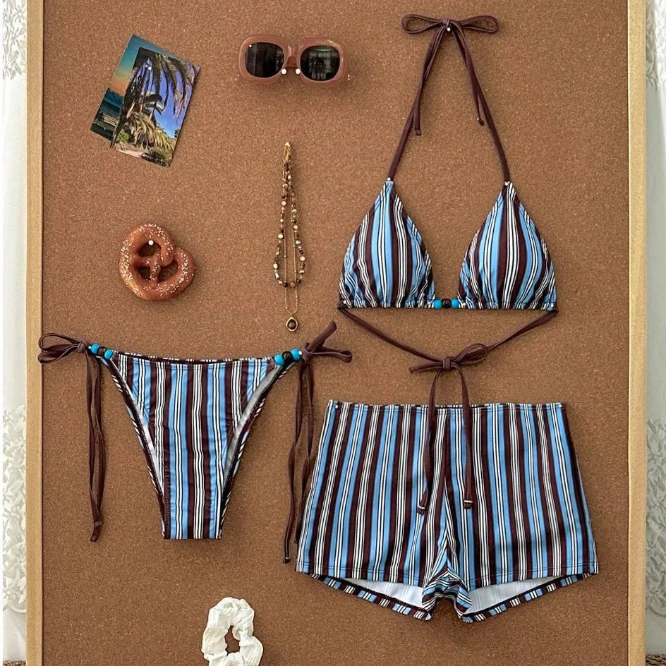 Vertical Stripe 3 Piece Bikini Set