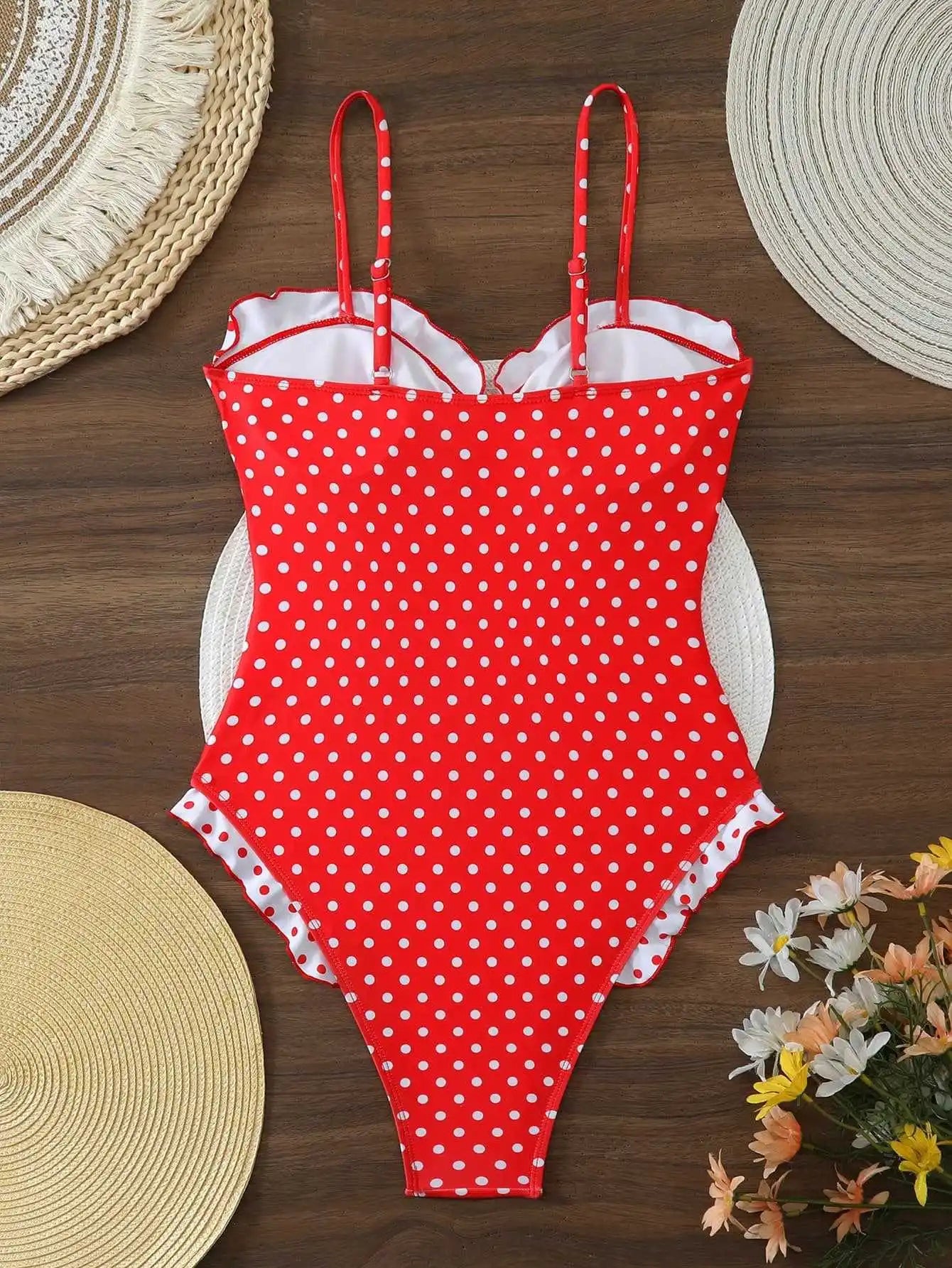 Vintage Polka Dot One Piece Suits Bathing Suit Print Front Knot Hollow Out Frill Edge High Leg Pool Swimwear