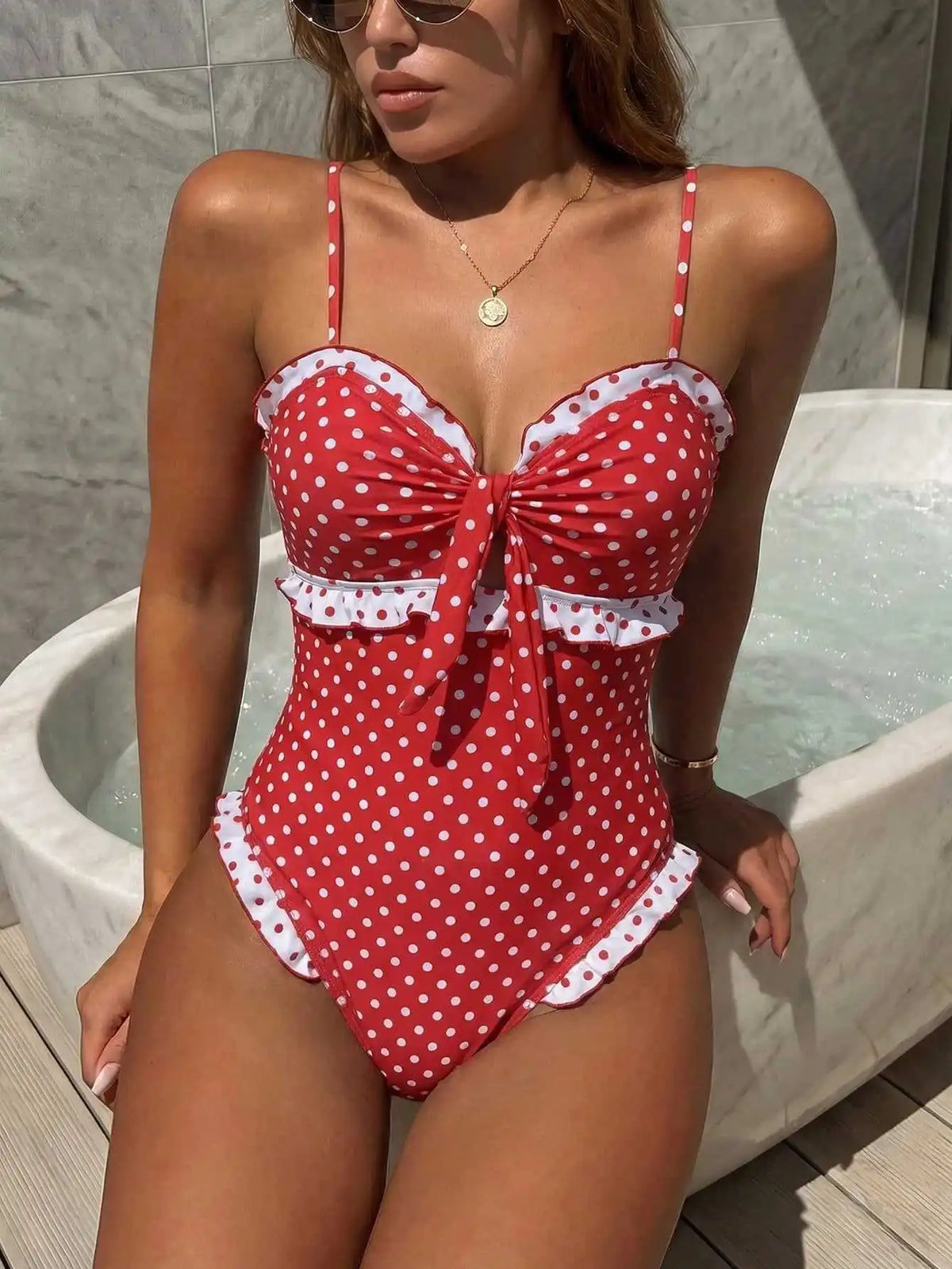 Vintage Polka Dot One Piece Suits Bathing Suit Print Front Knot Hollow Out Frill Edge High Leg Pool Swimwear