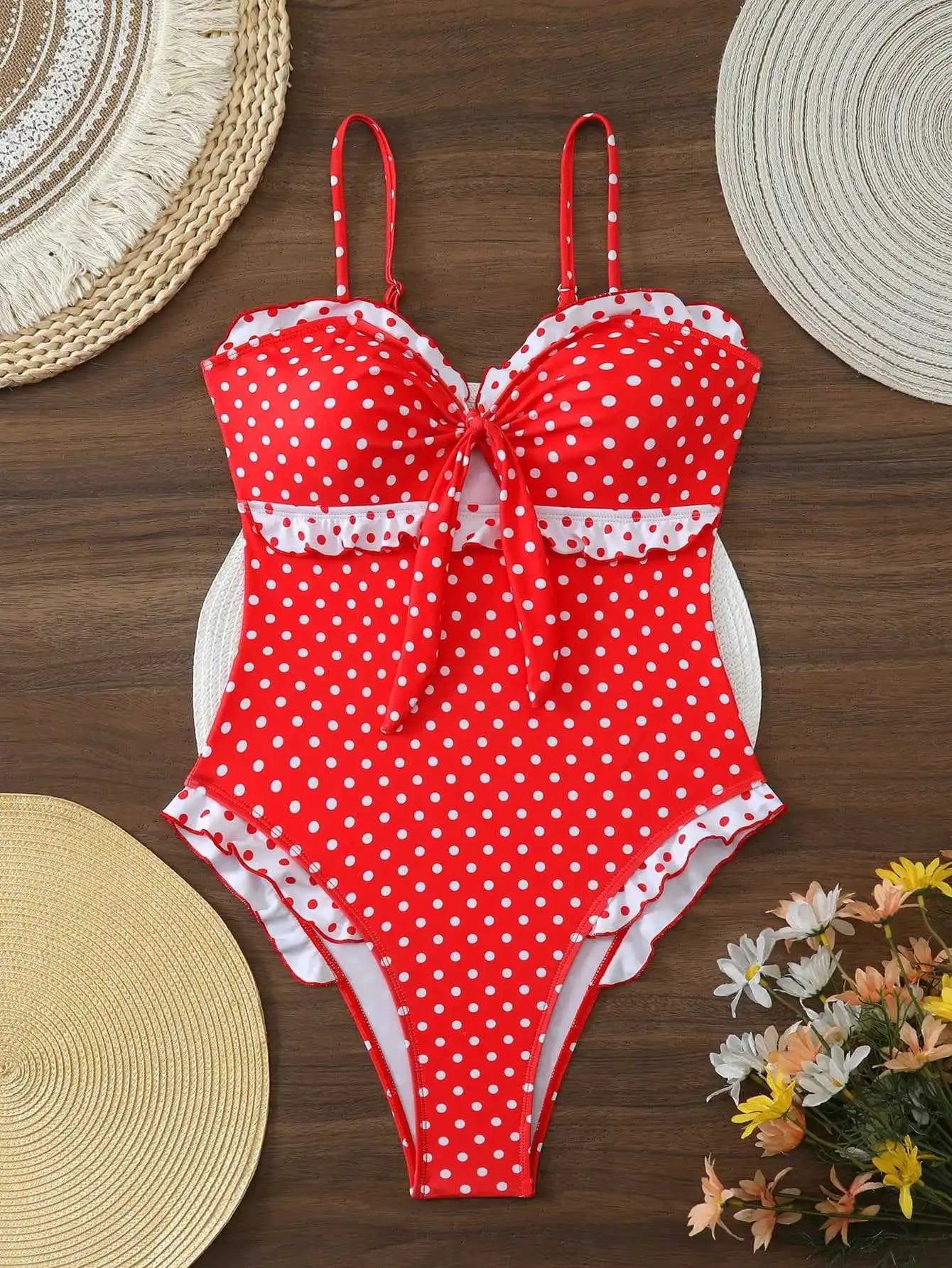 Vintage Polka Dot One Piece Suits Bathing Suit Print Front Knot Hollow Out Frill Edge High Leg Pool Swimwear