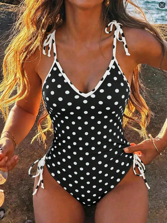 Vintage Polka Dot One Piece Suits Bathing Suit V Neck Self Tie Shoulder Strap Side Gathered High Leg Bikinis Swimwear