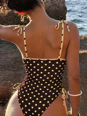 Vintage Polka Dot One Piece Suits Bathing Suit V Neck Self Tie Shoulder Strap Side Gathered High Leg Bikinis Swimwear