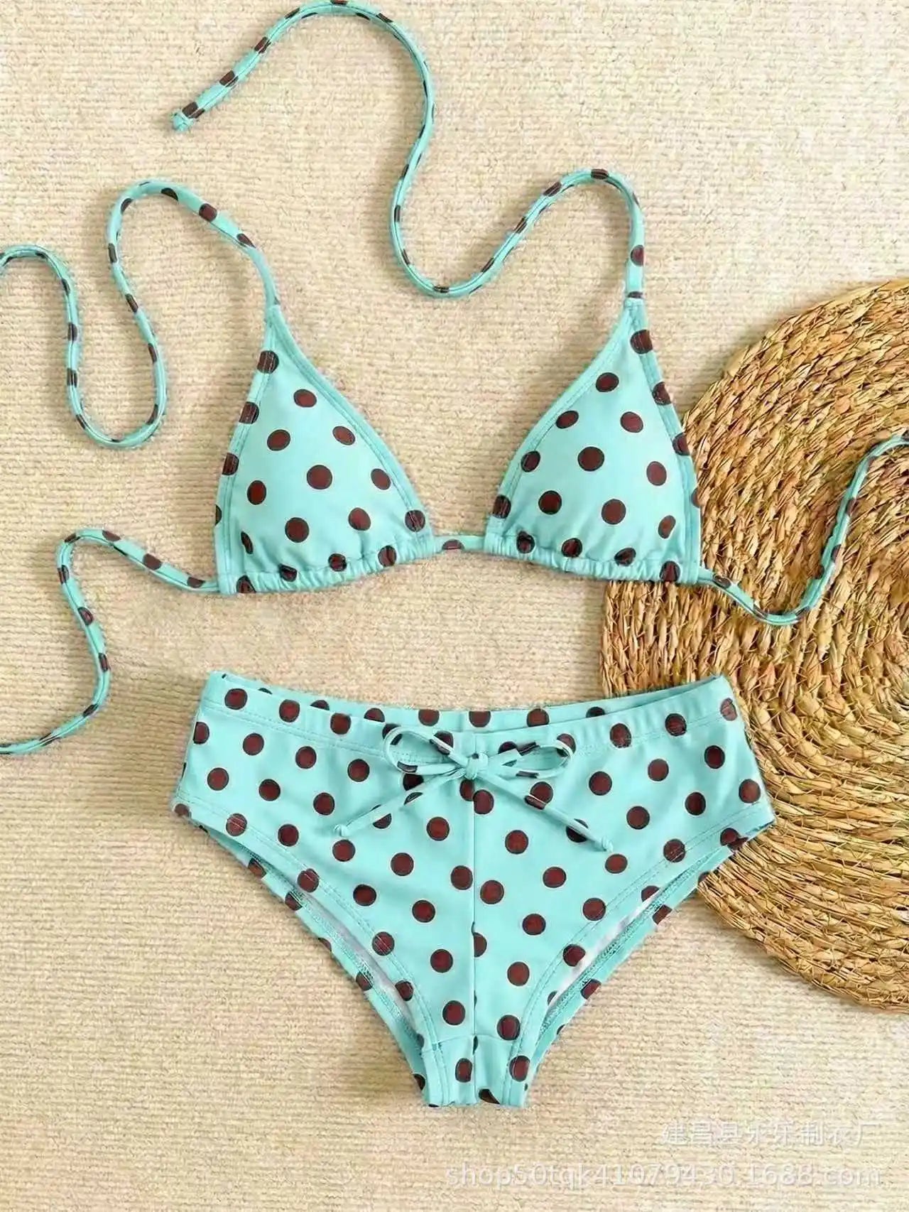 Vintage Polka Dot Two Piece Bathing Suit Halter Tie String Bikini Matching Front Tie Drawstring Swim Shorts Pool Swimwear