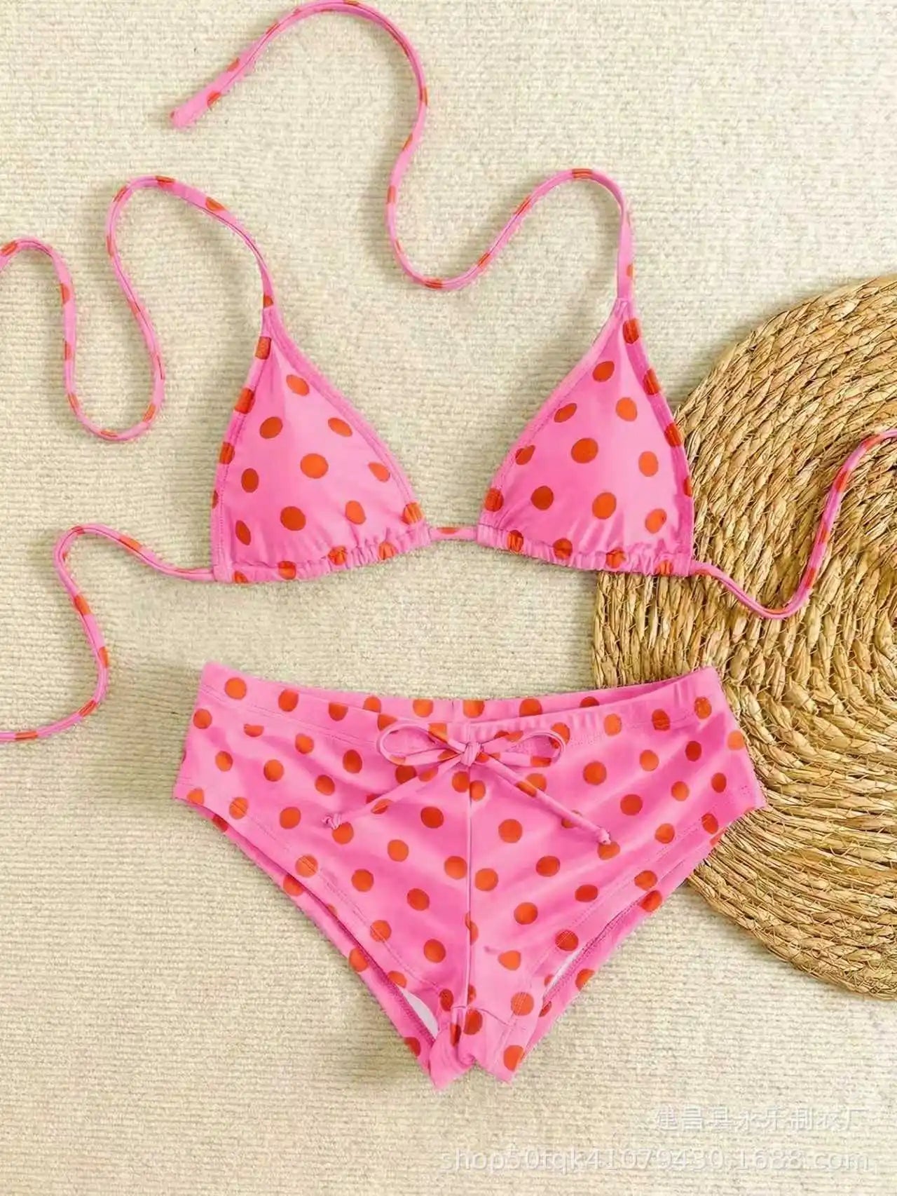 Vintage Polka Dot Two Piece Bathing Suit Halter Tie String Bikini Matching Front Tie Drawstring Swim Shorts Pool Swimwear