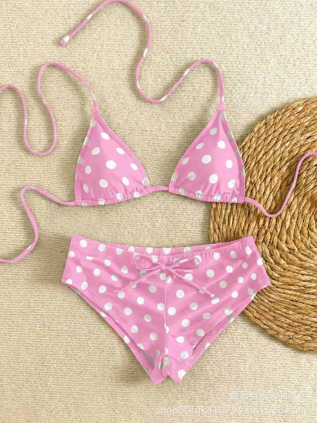 Vintage Polka Dot Two Piece Bathing Suit Halter Tie String Bikini Matching Front Tie Drawstring Swim Shorts Pool Swimwear