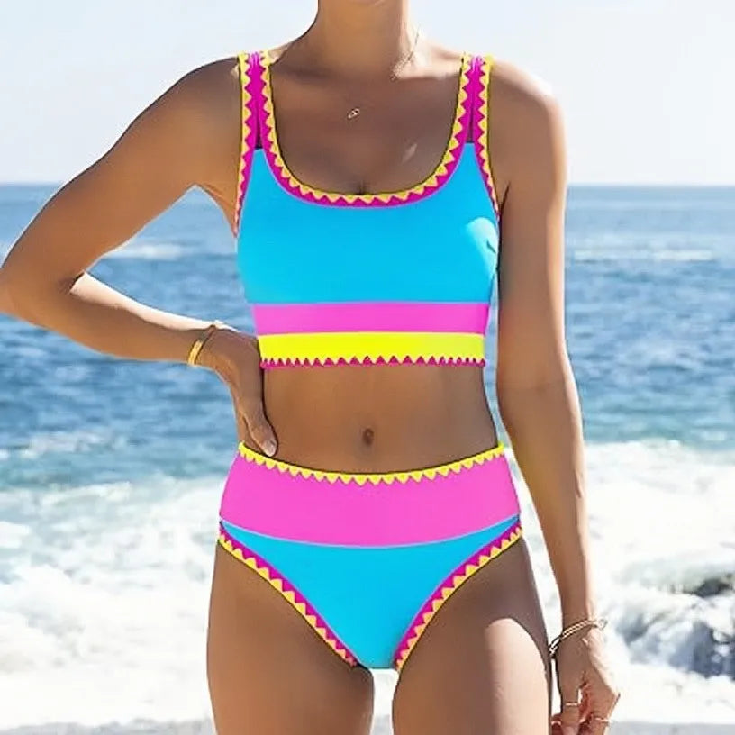 Wavy Trim 3 Piece Swimsuit U Neck Crop Tank Top Color Block Stripe Swim Skirt Cover Up Bathing Suits Beach Swimwear