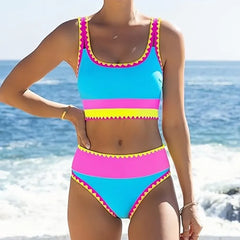 Wavy Trim 3 Piece Swimsuit U Neck Crop Tank Top Color Block Stripe Swim Skirt Cover Up Bathing Suits Beach Swimwear