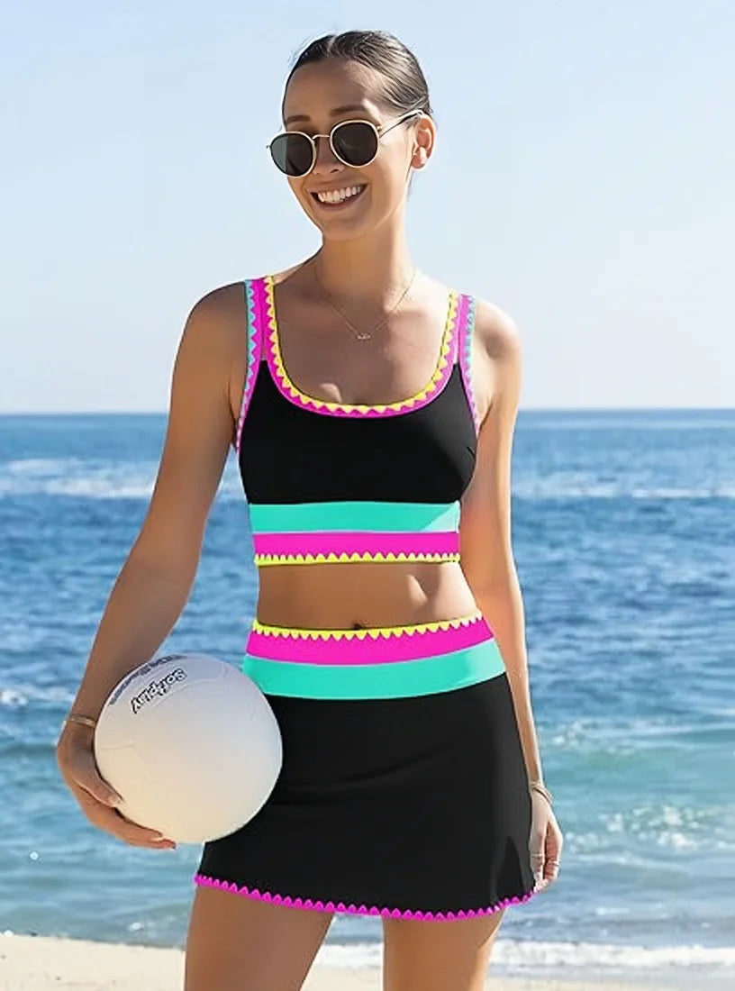 Wavy Trim 3 Piece Swimsuit U Neck Crop Tank Top Color Block Stripe Swim Skirt Cover Up Bathing Suits Beach Swimwear