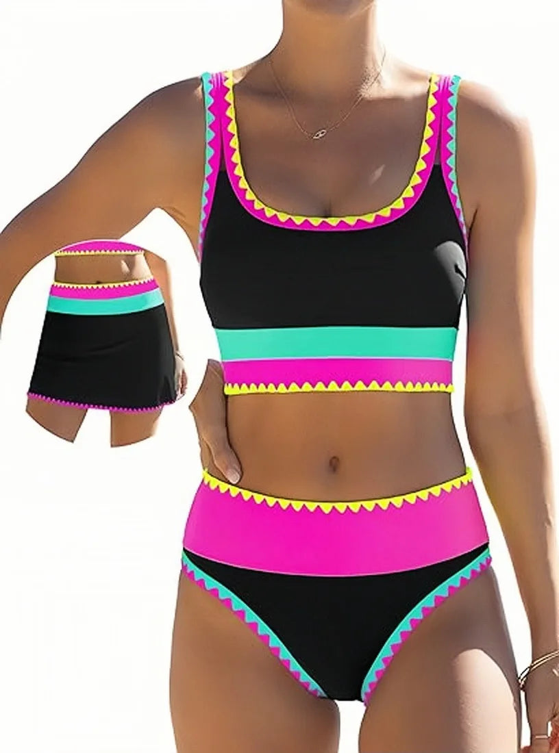 Wavy Trim 3 Piece Swimsuit U Neck Crop Tank Top Color Block Stripe Swim Skirt Cover Up Bathing Suits Beach Swimwear