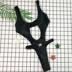White Cut Out One Piece Swimsuit Buckle Belt High Cut Thong Bathing Suit Sleeveless High Stretch Nylon Beach Swimwear