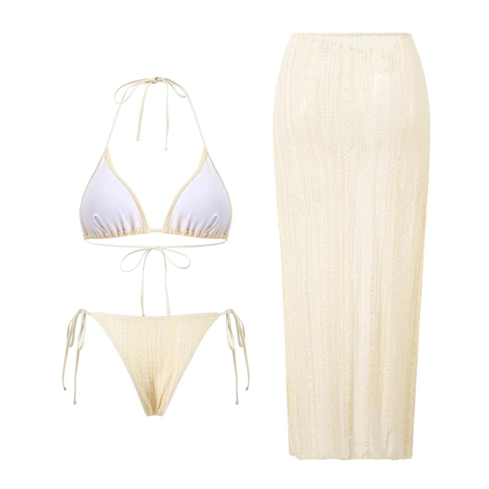 White Lace Halter Triangle Bikini Set