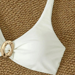 White Solid Color High Waist Bikini Set