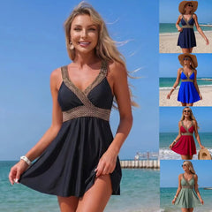 Woven Trim Solid Skirted 2 Piece Swimsuit V Neck Wrap Waist Sleeveless Bikinis Set
