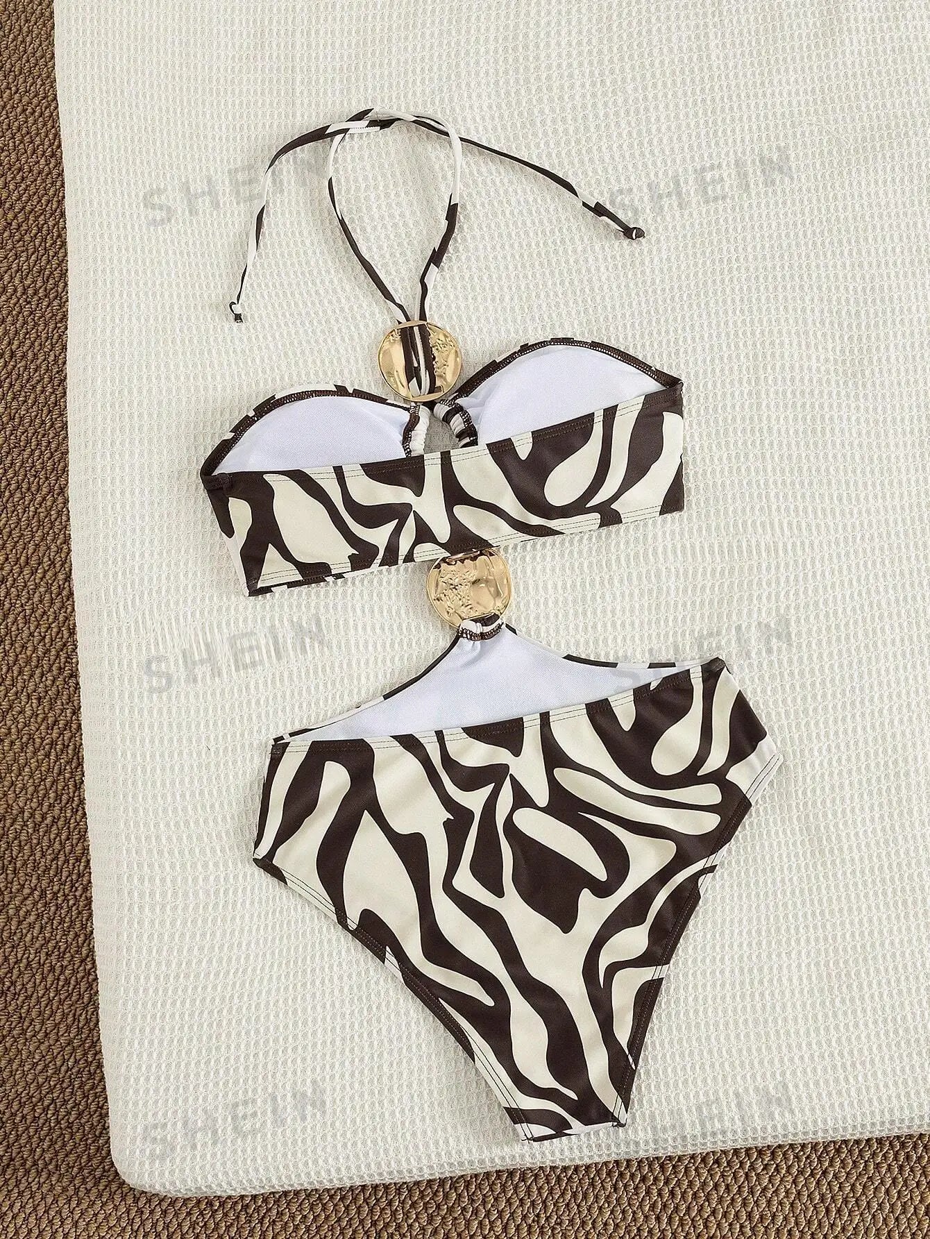 Zebra Print One Piece Suits Swimsuit Double Large Gold Metal Disc Cutout Halter Tie High Cut Bathing Suits Beach Swimwear