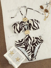 Zebra Print One Piece Suits Swimsuit Double Large Gold Metal Disc Cutout Halter Tie High Cut Bathing Suits Beach Swimwear