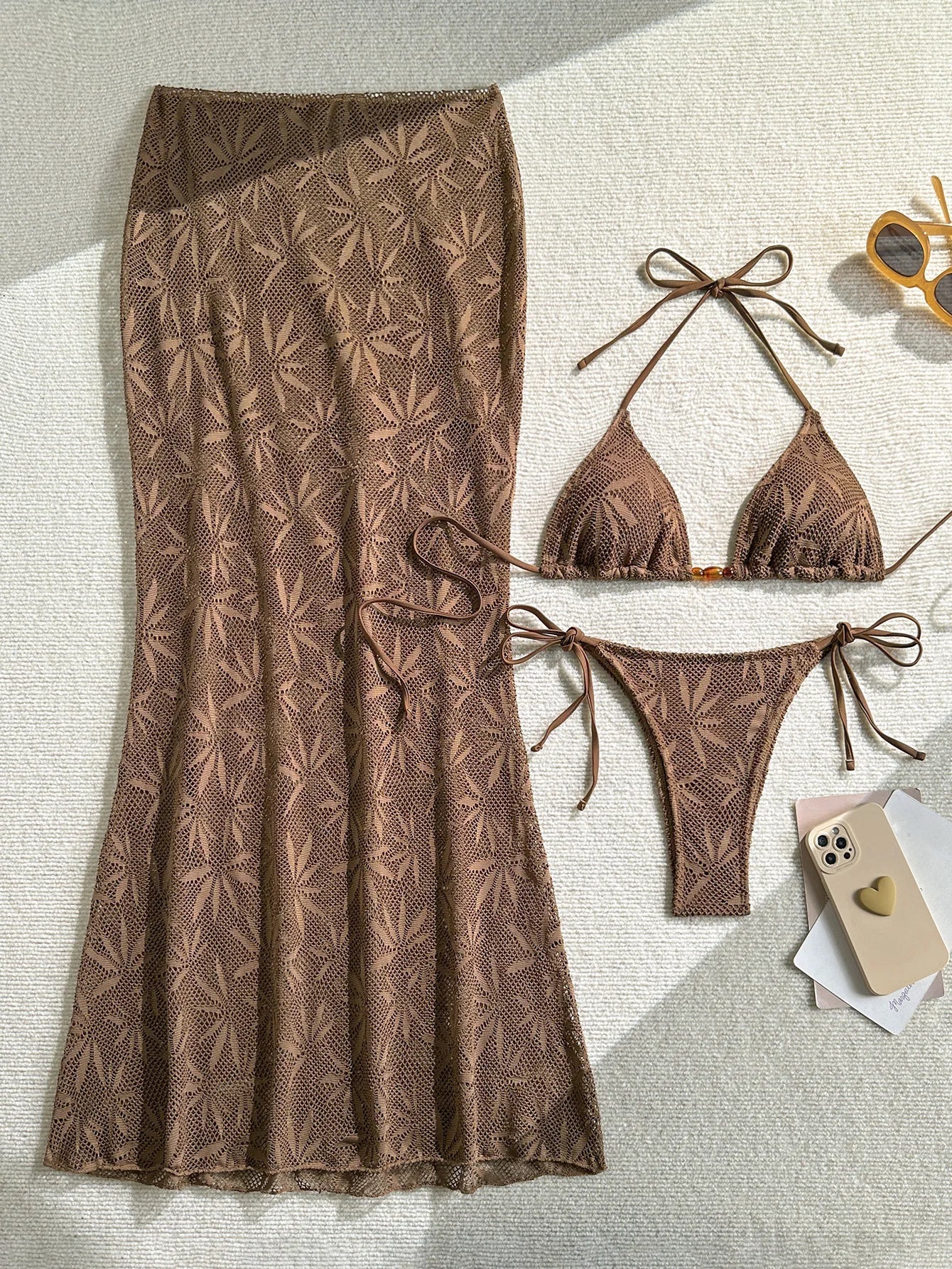 3 Piece Leaf Print Bikini Set