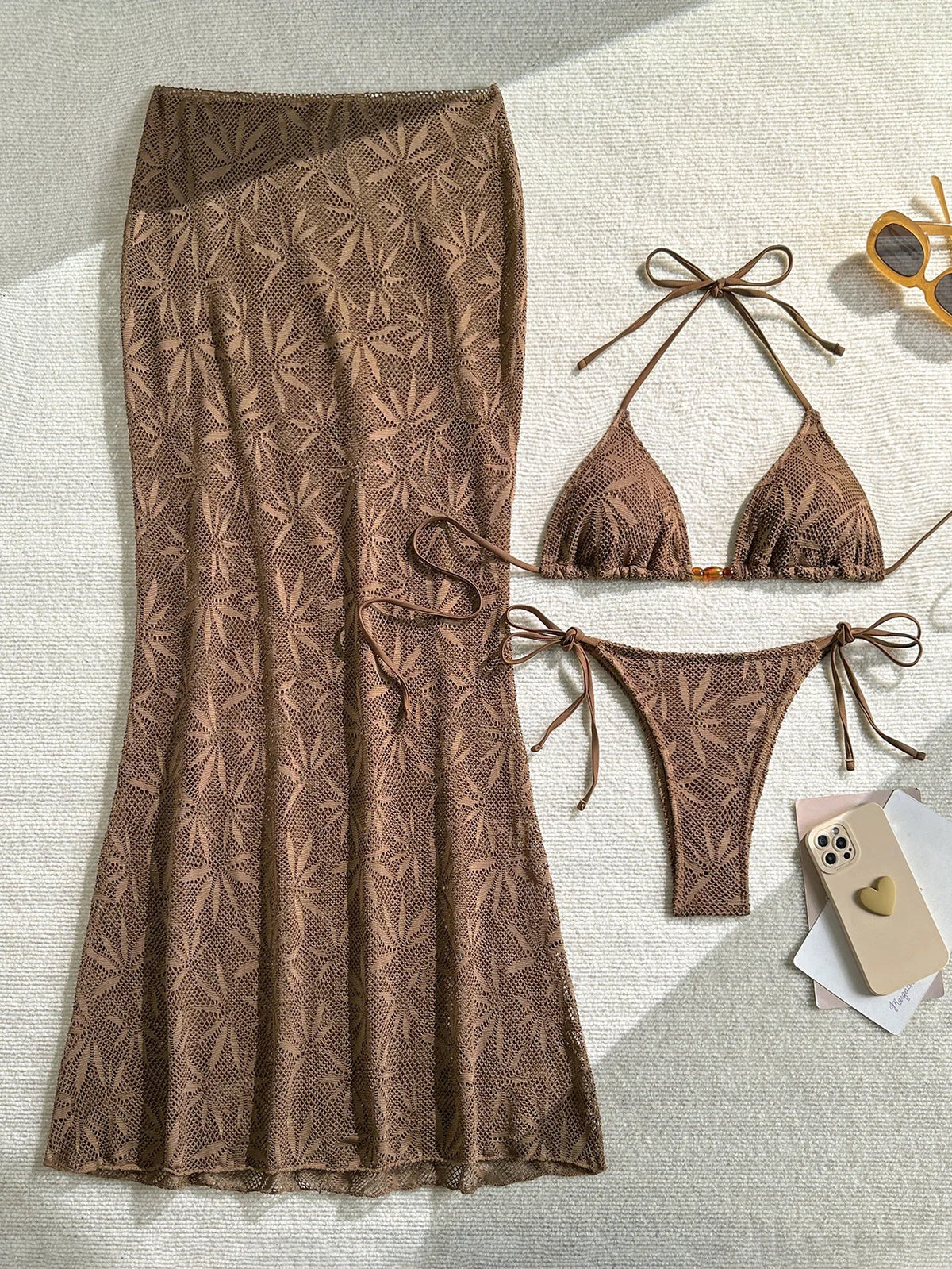 3 Piece Leaf Print Bikini Set