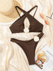 Bikini 3D Flower Hollow Out Halter Backless Swimsuit 2 Piece Set