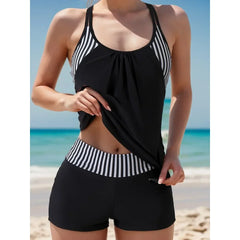 Conservative 2 Piece Swimsuit Black Stripe Print Patchwork Tankini Bikini Set