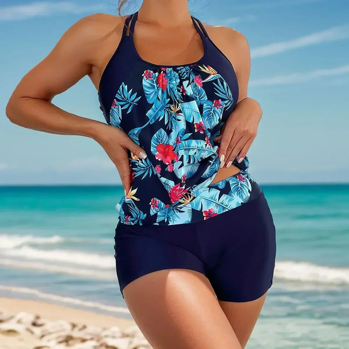 Conservative 2 Piece Swimsuit Black Stripe Print Patchwork Tankini Bikini Set