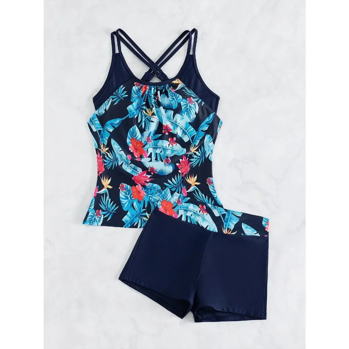 Conservative 2 Piece Swimsuit Black Stripe Print Patchwork Tankini Bikini Set