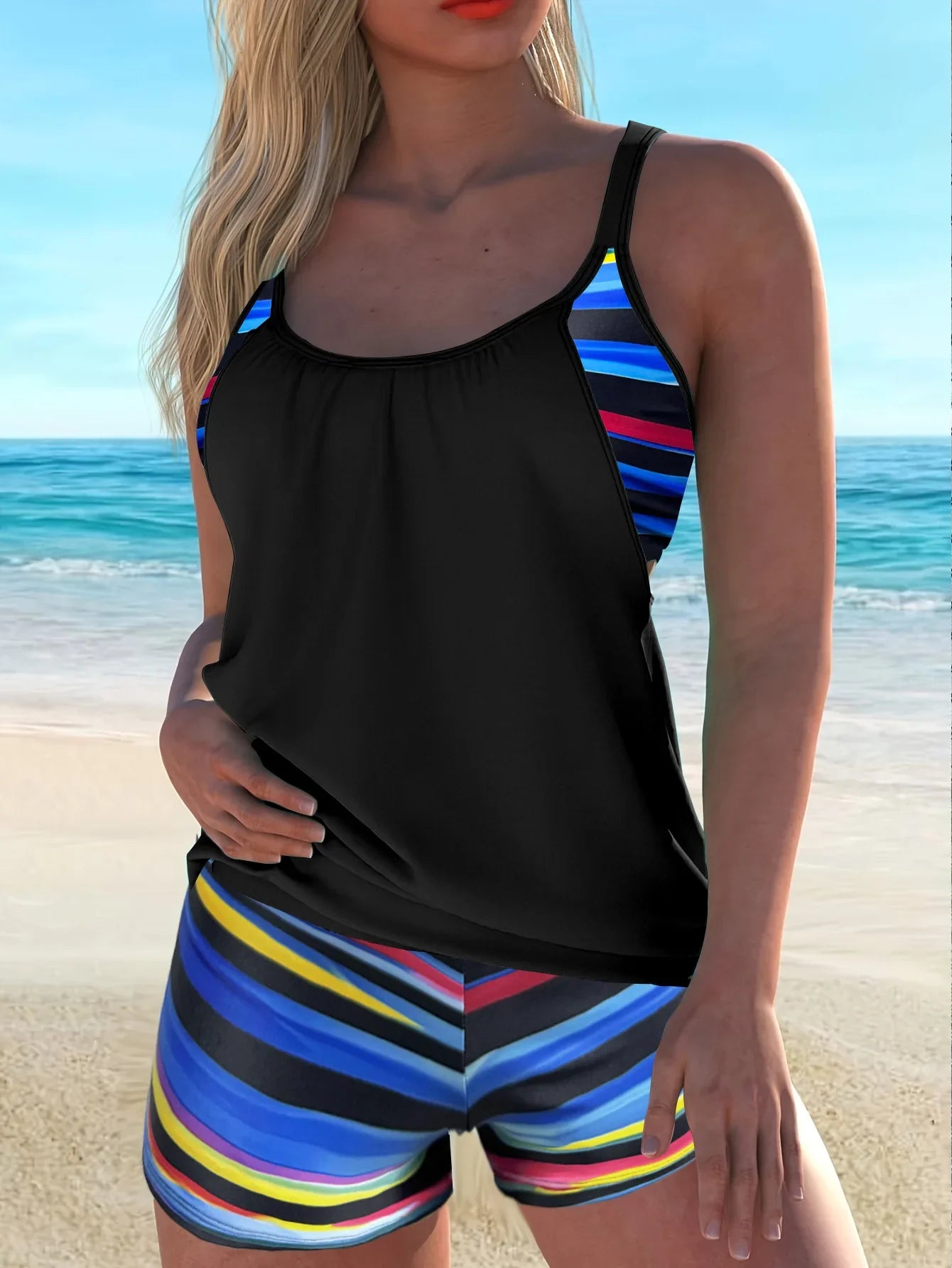 Conservative 2 Piece Swimsuit Black Stripe Print Patchwork Tankini Bikini Set