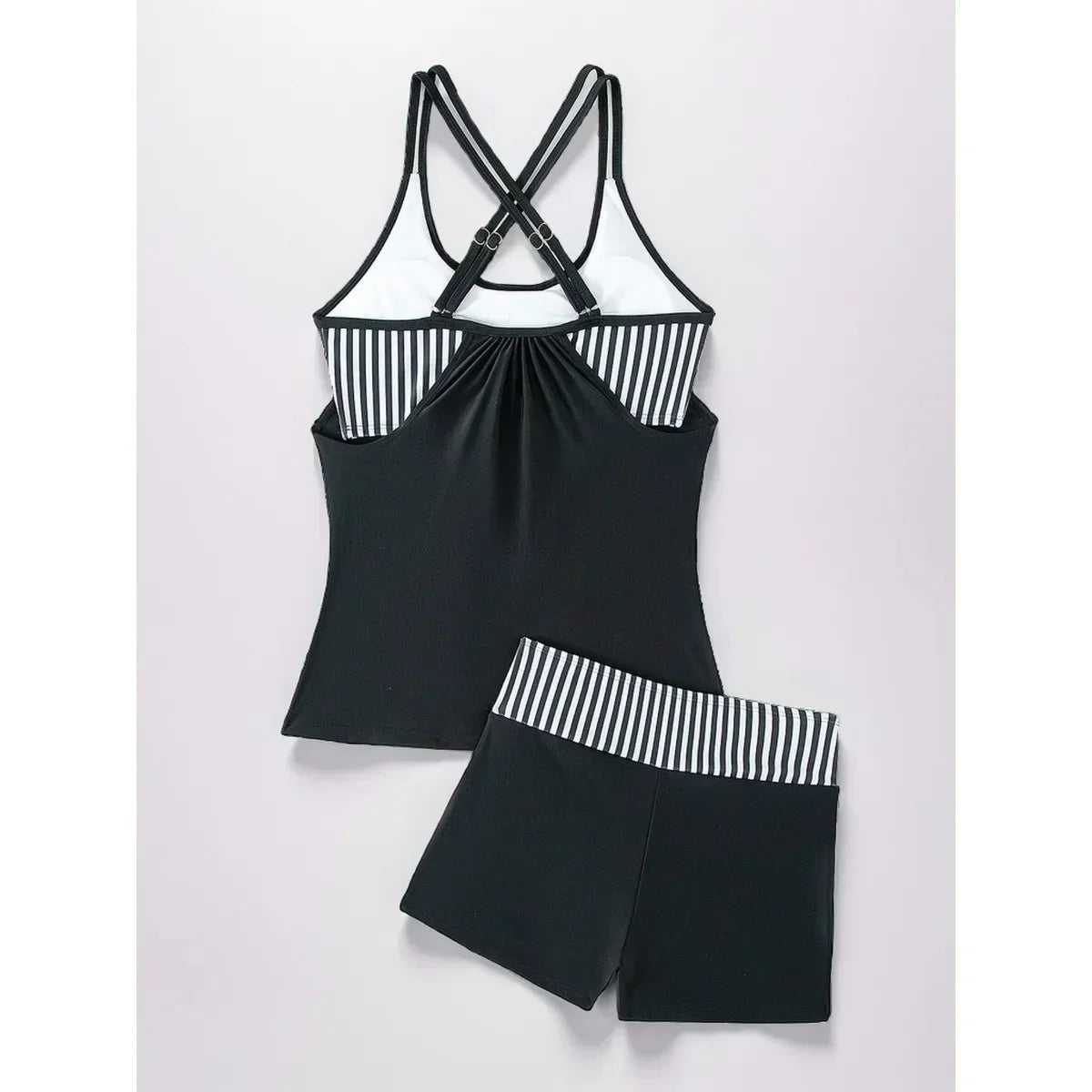 Conservative 2 Piece Swimsuit Black Stripe Print Patchwork Tankini Bikini Set