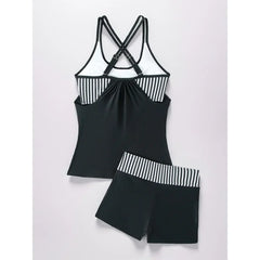 Conservative 2 Piece Swimsuit Black Stripe Print Patchwork Tankini Bikini Set