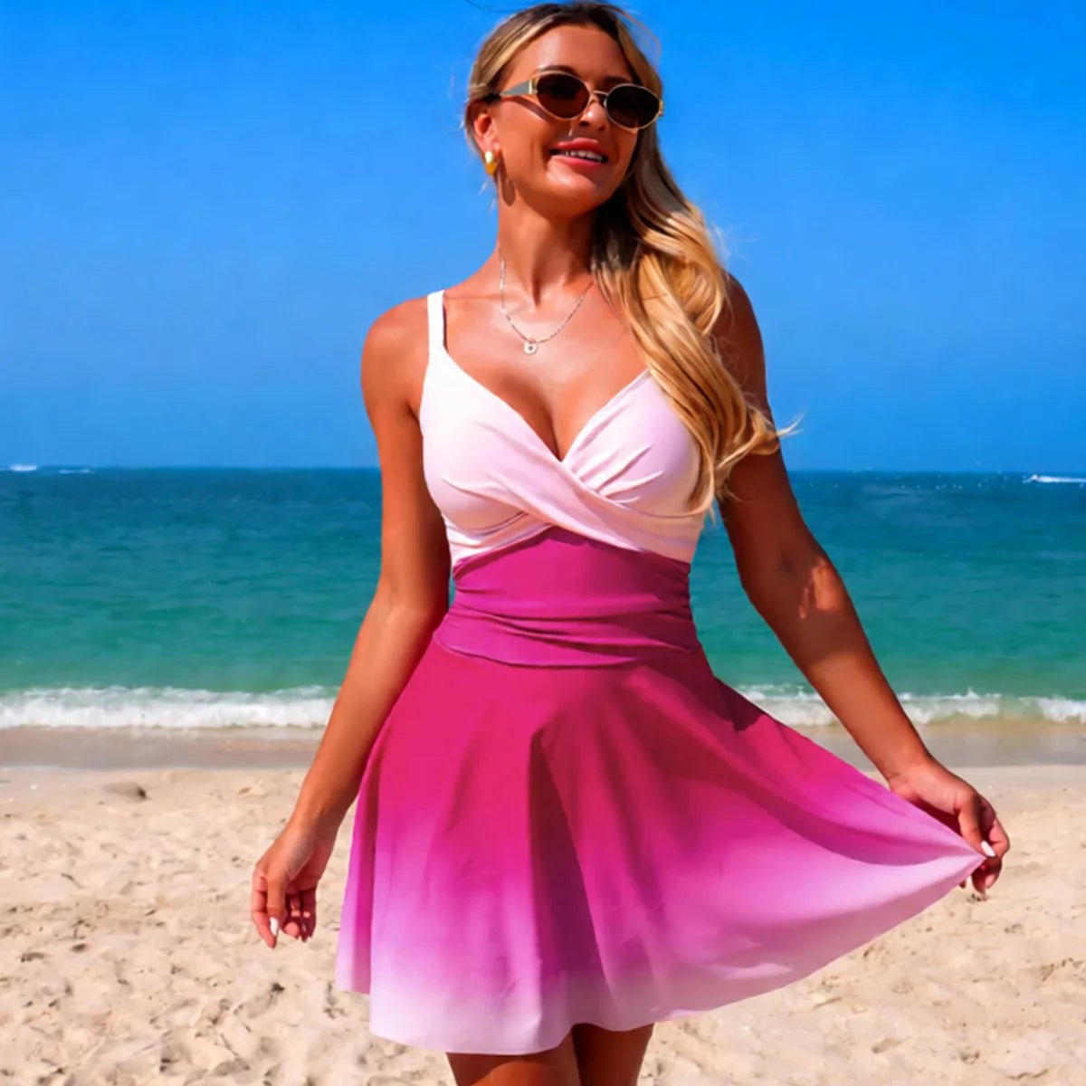 Ombre Gradient One Piece Swim Dress V Neck Twist Front Ruched Tummy Control Skirted Swimsuit Modest Bathing Suit Beach