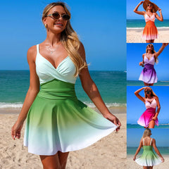 Ombre Gradient One Piece Swim Dress V Neck Twist Front Ruched Tummy Control Skirted Swimsuit Modest Bathing Suit Beach