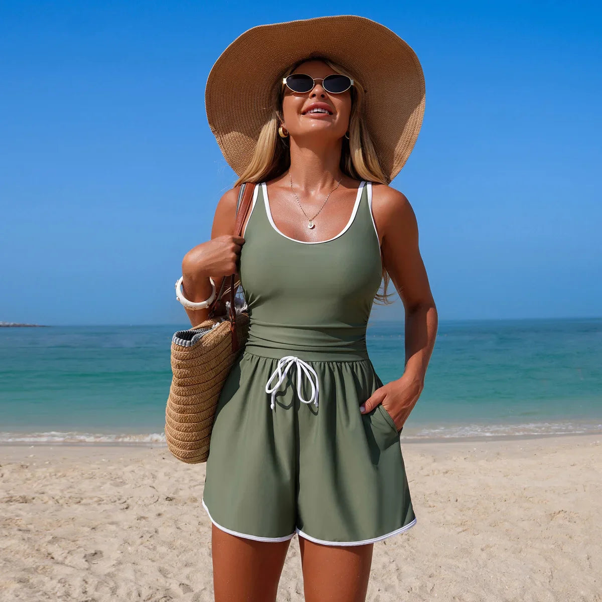One Piece Swim Romper Contrast Trim Drawstring Waist with Pockets Tummy Control Casual Bathing Suit