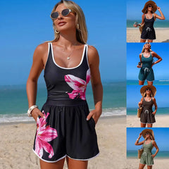 One Piece Swim Romper Contrast Trim Drawstring Waist with Pockets Tummy Control Casual Bathing Suit
