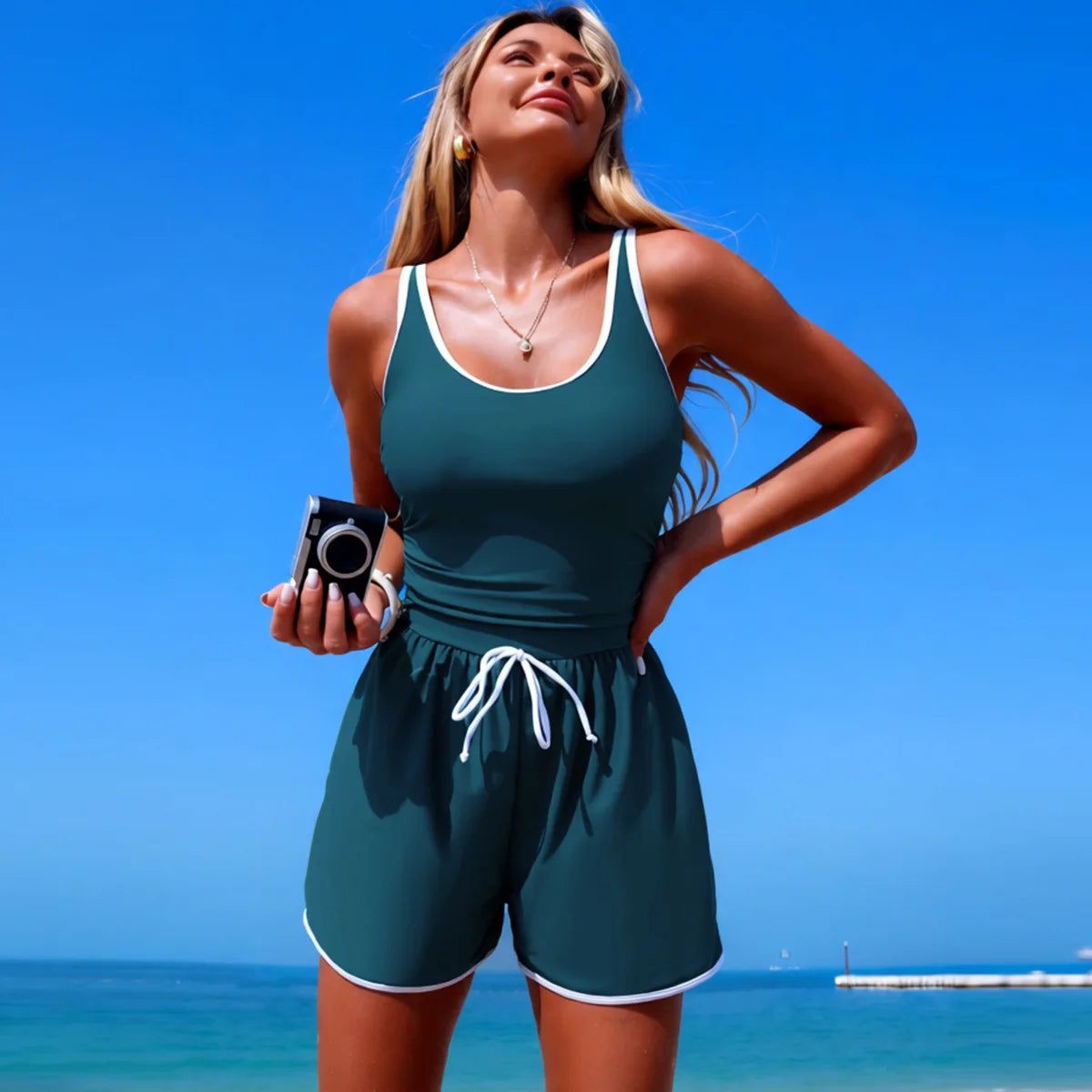One Piece Swim Romper Contrast Trim Drawstring Waist with Pockets Tummy Control Casual Bathing Suit